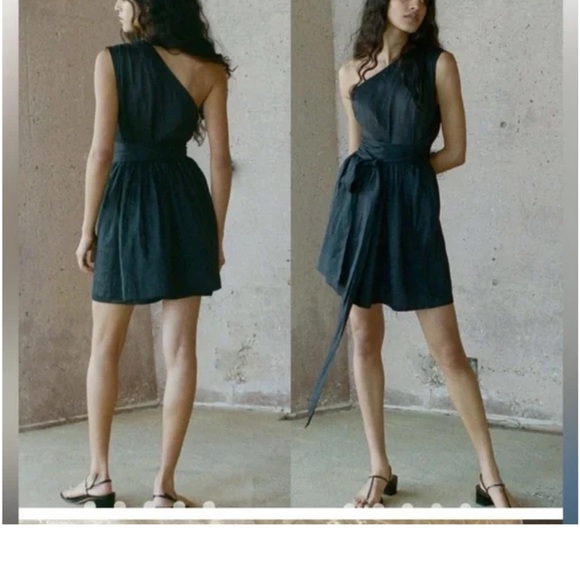 NWT DOEN Yvonne Linen Elegant Black One-Shoulder Belted Mini Dress XL - Picture 2 of 2